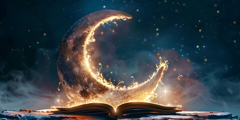 Exploring universe through pages book with dreamy Fairytale magical reality reading book under the blurred moon stars on background