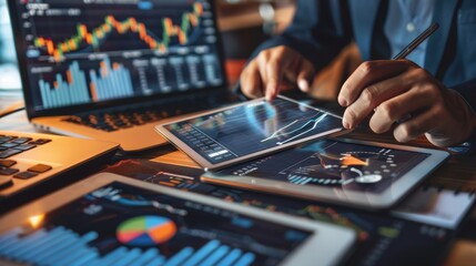 Concept of focus and concentration as the man works on analyzing the data