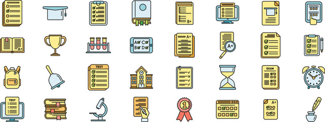 School test icons set outline vector. Online learn. Quiz education thin line color flat isolated