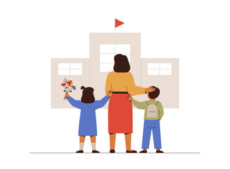 Back to school. Mother with daughter and son at the first day of study year near school building. Girl and boy with backpack and flowers walk to the class. Elementary education concept. Vector - 761398962