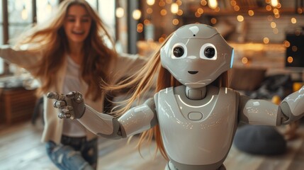 Beautiful young woman playing with a robot in the living room.