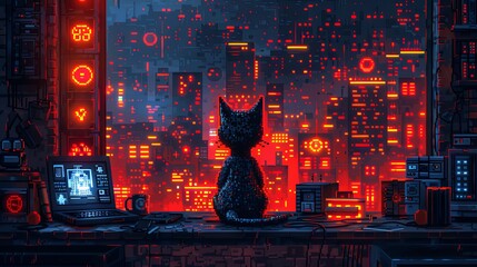 Futuristic cyberpunk city with a pixel cat on the foreground.