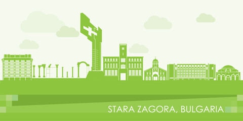 Green Skyline panorama of  city of Stara Zagora, Bulgaria - vector illustration - obrazy, fototapety, plakaty