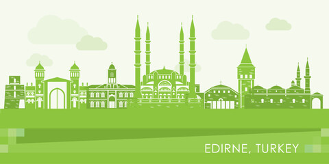Green Skyline panorama of city of Edirne, Turkey - vector illustration - obrazy, fototapety, plakaty