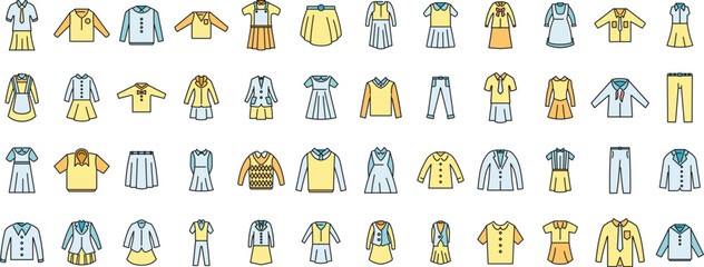 School uniform icons set outline vector. Formal general. Class apparel thin line color flat isolated