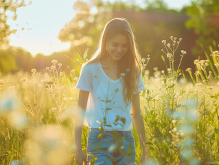 Dziewczyna uśmiecha się w promieniach wiosennego słońca - obrazy, fototapety, plakaty