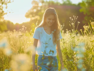 Tuinposter Dziewczyna uśmiecha się w promieniach wiosennego słońca © hunter76