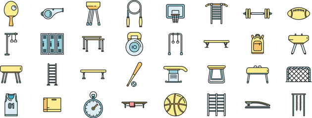 School gym icons set outline vector. Club equipment. Room bag thin line color flat isolated
