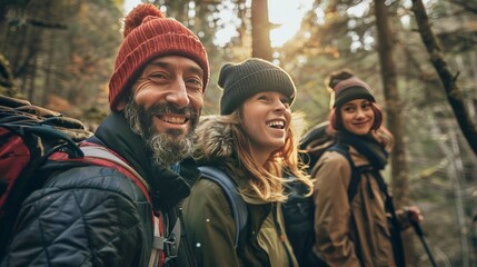 Fototapeta premium A man, woman and child are smiling and posing for a photo in the woods