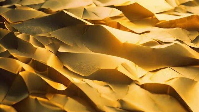 A crumpled textured sheet of gold foil dynamically moving creating a rich abstract pattern background. Shining sparkling backdrop