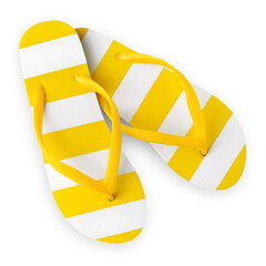 Top view of yellow and white stripes beach flip-flops, summer beach vacation and footwear for sandy...