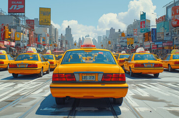 Yellow cabs halted at a crosswalk showcasing the bustling atmosphere and iconography of New York City streets