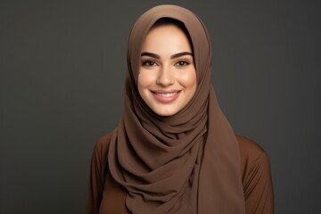 Beautiful Muslim Woman Wearing a Brown Headscarf. Fictional character created by Generated AI. 