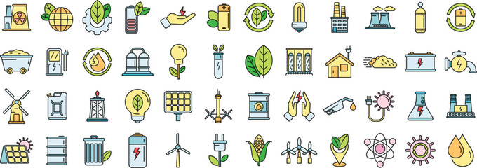 Natural resources icons set outline vector. Nature energy. Clean save thin line color flat isolated