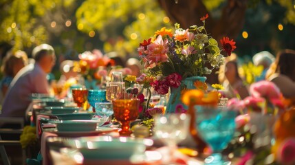 A table with a variety of colorful dishes and glasses