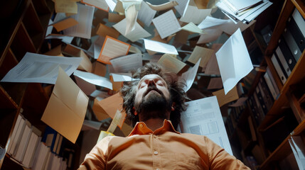 A person is submerged in paperwork which appears to be floating around in disarray expressing the concept of stress or overload at work - obrazy, fototapety, plakaty