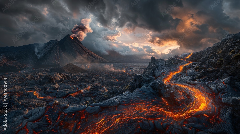 Wall mural a volcano with a lava flow is shown in the distance