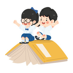 little kids riding a book and fly cartoon - 761400924