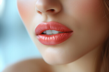Fototapeta premium Close up of a calm lady lying with her eyes closed during the lip augmentation injection