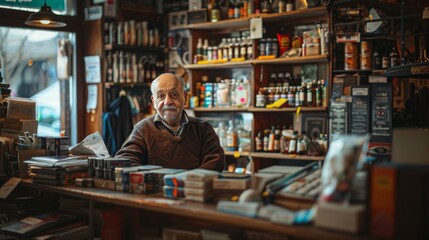 Obraz premium A man sits at a counter in a store with many bottles