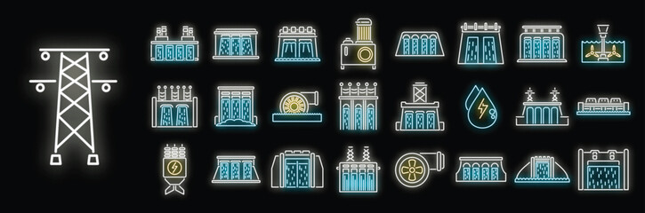 Hydro power icons set outline vector. Eco water. Alternative energy neon color isolated