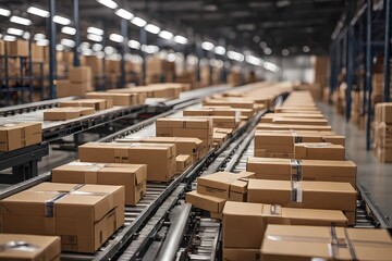 "Dynamic cardboard boxes on conveyor belt, showcasing e-commerce delivery automation. Illustrates modern logistics efficiency."