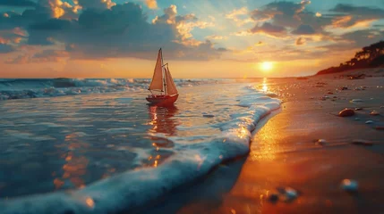 Fotobehang Small Sailboat Beach Sunset © olegganko