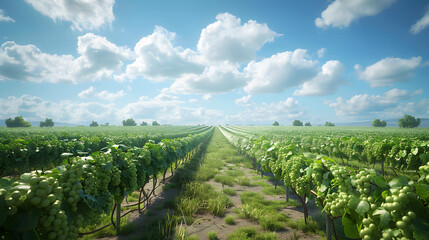 Green Field with Rows of Vines for Harvesting - obrazy, fototapety, plakaty