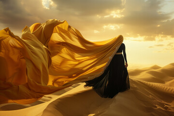 A woman in a black dress is standing in a desert. The sky is orange and the sun is setting.