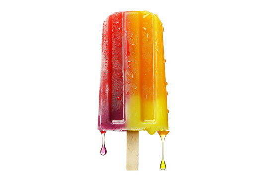 A melting popsicle, with vibrant hues and droplets of juice dripping down the sides,  white background.
