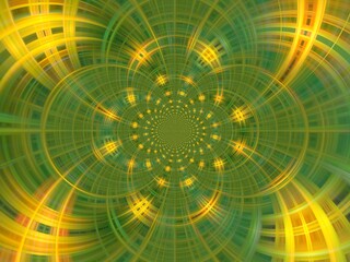 Green and yellow background with effect of rays, lines curves, bends, lights, infinity and depth - abstract graphic. Topics: card, abstraction, pattern, texture, image, art computer