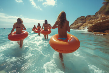 A group of women in orange inflatable swimming rings are in the ocean. - Powered by Adobe
