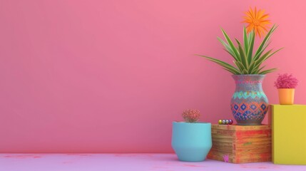 a pink wall with a small potted plant and an eggshell vase placed on a shelf or table.