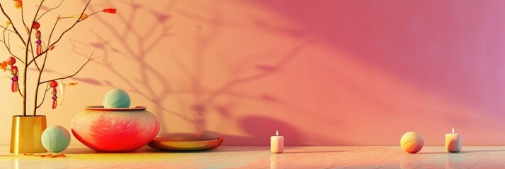 Pink and yellow wall decorate candle, flower vase - A serene ambiance. The soft, warm glow of the candlelight creates a calming and peaceful atmosphere, perfect for relaxation or contemplation.