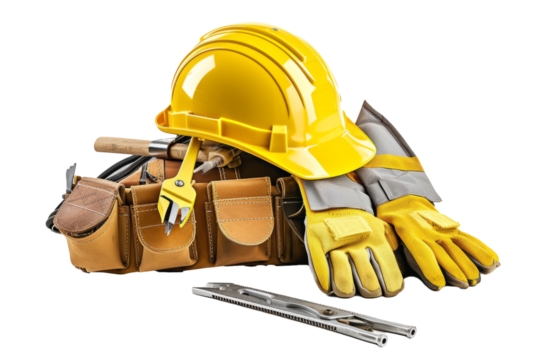 construction tools with safety gear such as helmets and gloves, emphasizing the importance of safety on the job.