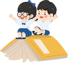 little kids riding a book and fly cartoon - 761403303