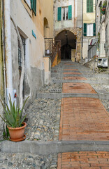 Fototapeta na wymiar Typical uphill alley of the medieval town, called 