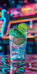 Mobile vertical wallpaper photograph of a gin tonic sparkling cocktail with lime in a 90s arcade center.. Story post.