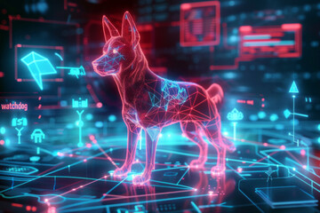 A digital watchdog symbolizing cybersecurity, surrounded by glowing data lines and symbols representing secure data.