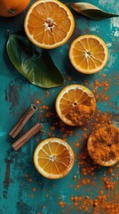 A delightful image of orange halves with some of them having a sprinkle of spices powder. 