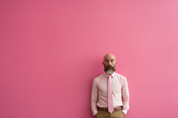 A dedicated teacher with a friendly demeanor against a solid pink wall backdrop.