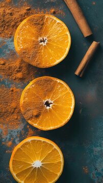 A delightful image of orange halves with some of them having a sprinkle of spices powder. 