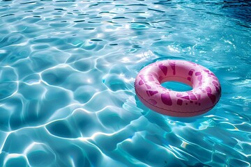 Donut-shaped inflatable floating in pool under the sun with blue water. Concept Summer Pool Party, Inflatable Donut, Blue Water, Sunny Day, Relaxing Vibes