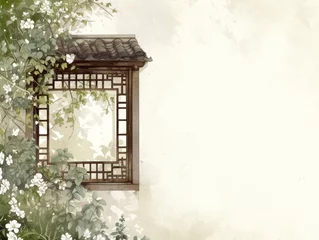 Poster The white walls in the garden have hollow windows, and the windows are very Chinese ancient style © 효섭 이