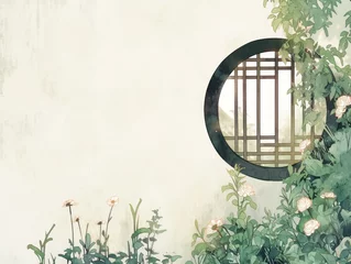 Fotobehang The white walls in the garden have hollow windows, and the windows are very Chinese ancient style © 효섭 이