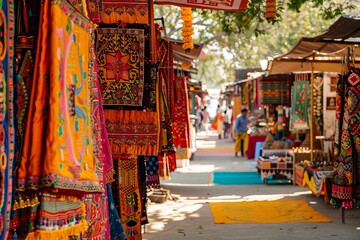 An intricately decorated cultural fair featuring stalls adorned with traditional crafts, textiles, and artworks, bustling with artisans, performers, and visitors engaging in cultural exchanges.
