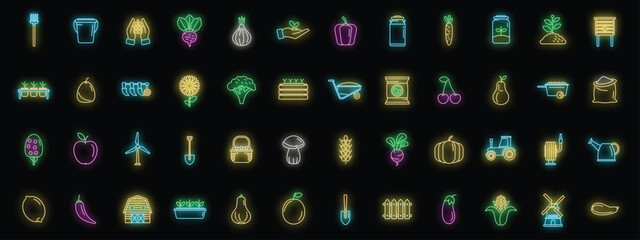 Eco farming icons set outline vector. Agriculture farmer. Local produce neon color isolated