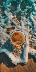 Mobile vertical wallpaper top view of a beer pint glass at a tropical beach. Sunlight.. Story post. - obrazy, fototapety, plakaty