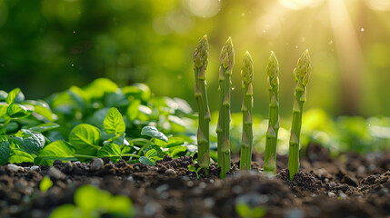 Illustration of asparagus growing in a garden, tender green sprouts from the ground in a vegetable garden. Garden. Unusual background. - obrazy, fototapety, plakaty