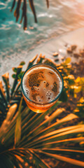 Mobile vertical wallpaper top view of a beer pint glass at a tropical beach. Sunlight.. Story post. - obrazy, fototapety, plakaty